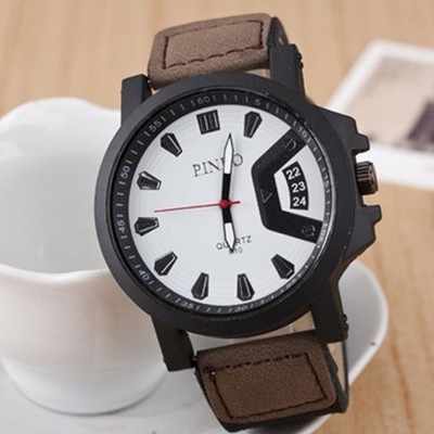 Mens Leather Casual Sports Quartz Analog Wrist Watch - BROWN & WHITE